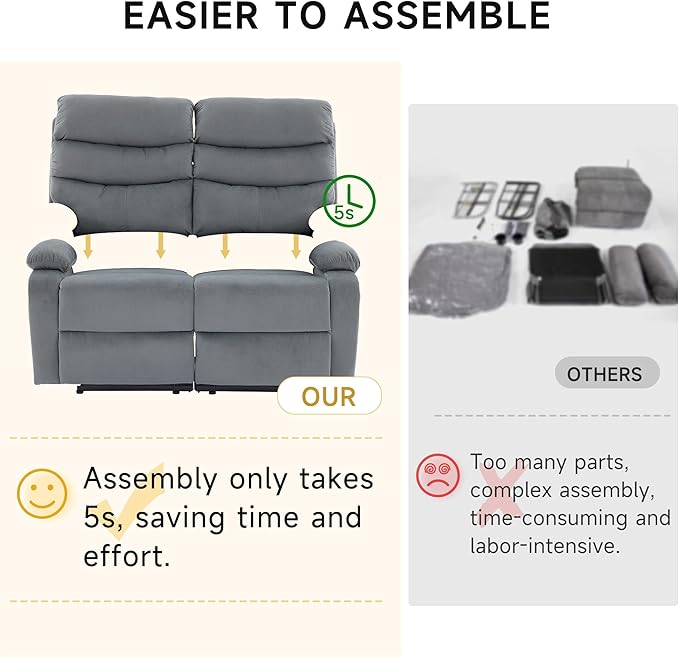 Loveseat Recliner Sofa Couch, Velvet 2-Seater Reclining Sofa for RV, Double Seater Wall Hugger Recliner Chair for Living Room, Home Theater Seating, Dark Grey