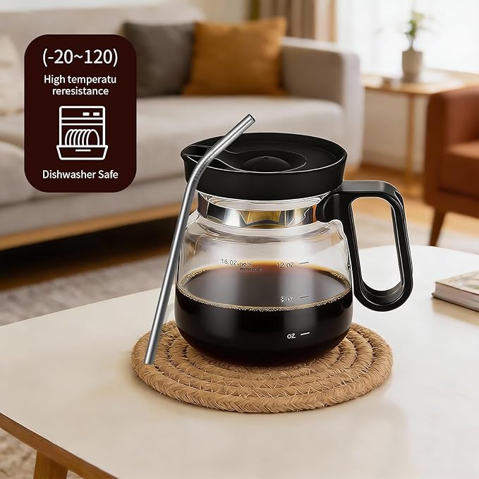 16 Oz Glass Coffee Pot Mug, Mini Coffee Pot Cup, Novelty Heatproof Large Capacity Clear Cup with Handle & Spill Proof Lid, Comes Straw & Coasters, Talk About for Coffee Lovers & Office Desk