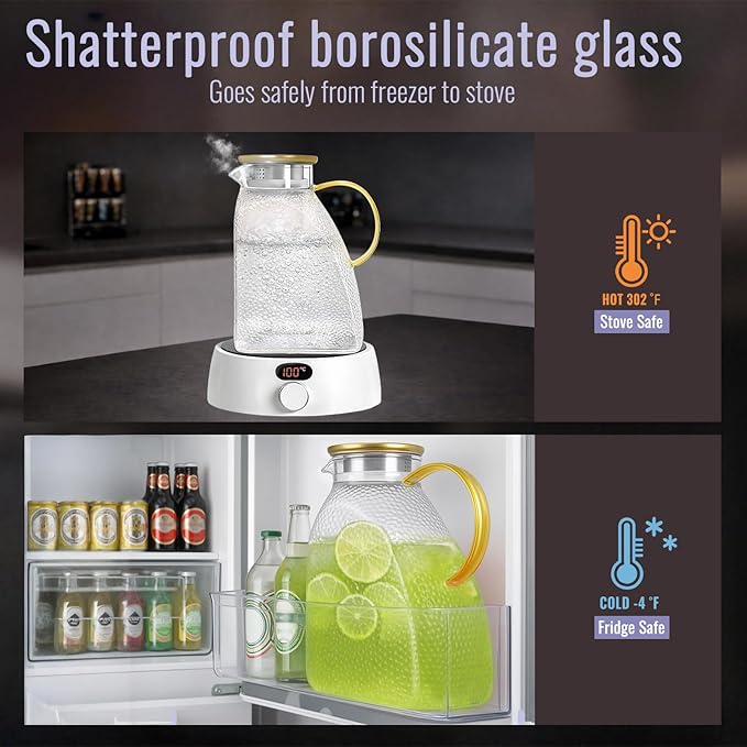 Glass Pitcher With Lid and Spout, 1.8 Liter 60 oz Glass Pitchers With Handle And Lid, Jug Water Pitchers For Fridge, Carafe Jar for Hot/Cold Water Iced Tea Juice Coffee Milk Beverage