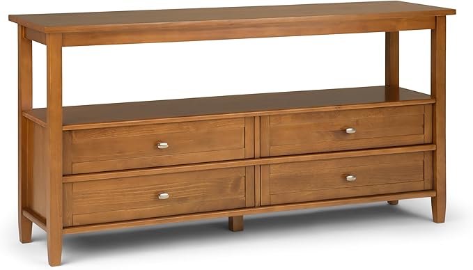 SIMPLIHOME Warm Shaker Wide Console Table - 60 Inch Wide Solid Wood Sofa Table in Light Golden Brown, Transitional Storage Table for Living Room with 4 Drawers, Open Shelf, and Brushed Nickel Knobs