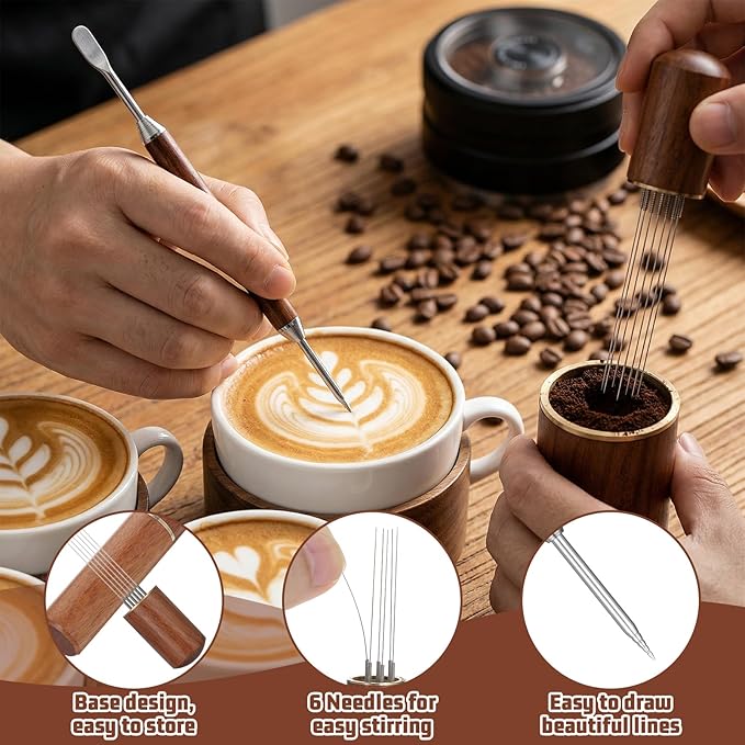 Sibba Espresso Coffee Stirrer 6 Needles, Espresso WDT Tool Distribution Tool with Natural Wood Handle and Base, Coffee Stirrer Stainless Steel Latte Art Pen Barista Tools Coffees Machine Accessories