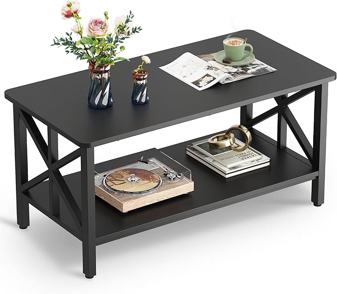 WLIVE Coffee Table for Living Room, 39" Modern 2-Tier Center Table with Round Corners, Storage Shelf, Farmhouse Style Small Coffee Table with Metal Frame, Black