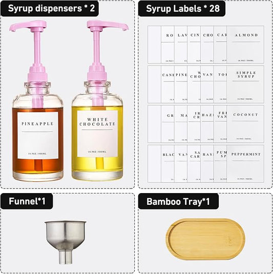 Coffee Syrup Dispenser for Coffee Bar, Coffee Syrup Pump Dispenser, Glass Syrup Bottle with Pink Upgraded Pump, 2 Pack 16.9 oz 500 ml Syrup Dispensers, 28 Labels and Bamboo Tray