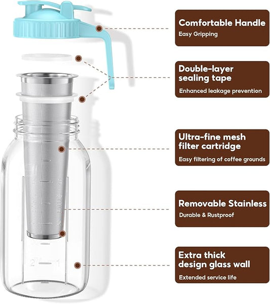 Cold Brew Coffee Maker Jar - 2 Pack 64 oz(2 Quart / 1.9 Liter) Glass Cold Brew Maker with Handle, Stainless Steel Filter&Leak-Proof Lid, Heavy Duty Cold Brew Pitcher for Iced Coffee, Sun Tea, and Milk