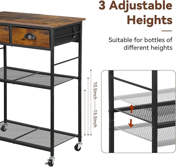 Rolling Coffee Cart with Storage Drawers, Small Coffee Bar Cabinet with Adjustable Shelf and Wheels, Retro Industrial Buffet Sideboard Cabinet for Kitchen, Office, Rustic Brown