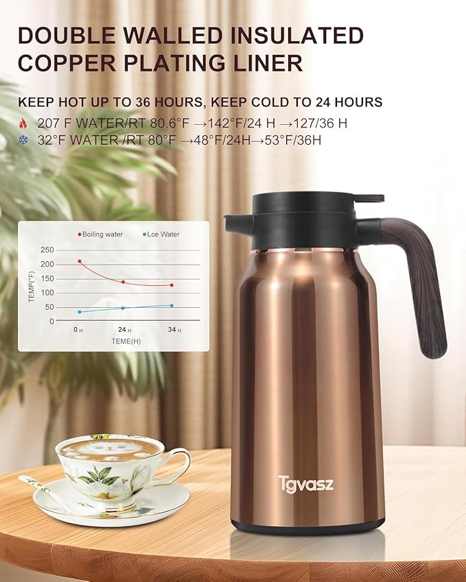 70 Oz Carafes for Hot Liquid, Stainless Steel Insulated Vacuum Thermal Coffee Carafes For Keeping Hot, 2.1 Liter Coffee Dispenser(Gold)