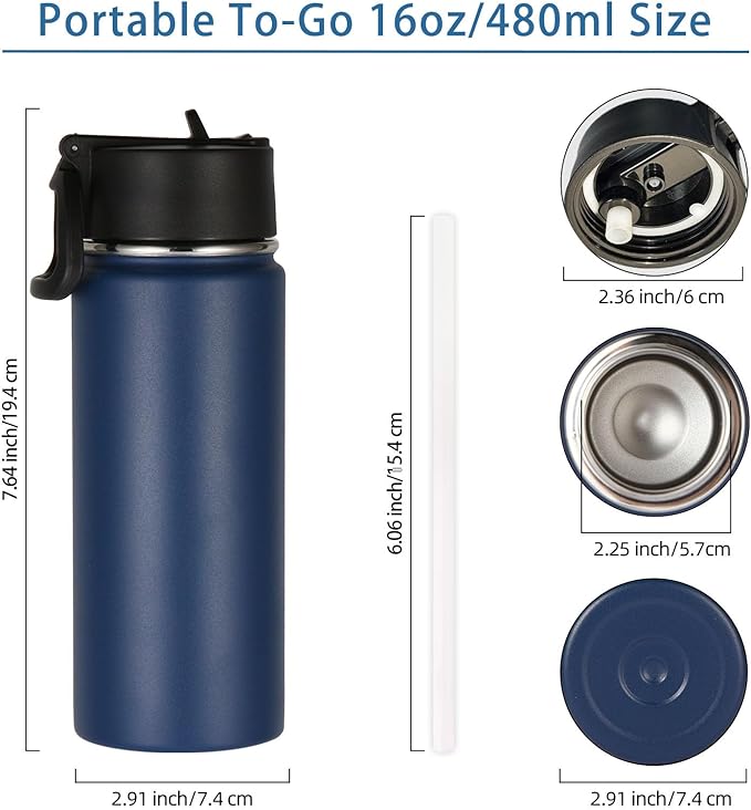 Volhoply 16 OZ Kids Water Bottle Bulk 4 Pack,Insulated Sports Bottles with Straw Lid,Stainless Steel Bottle with Handle Keep Cold & Hot,Double Wall Vacuum Tumbler Cups for School,Girls(Navy, 4)