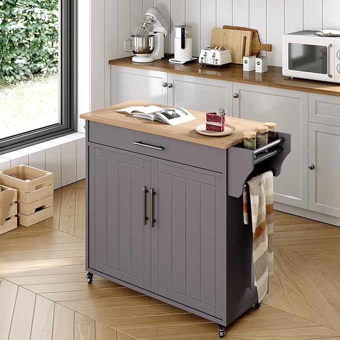 Kitchen Storage Island, Wooden Rolling Kitchen Island On Wheels with Countertop, Mobile Kitchen Island Cart with Towel Rack, Spice Rack and Drawers, Grey