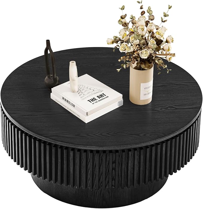 SZTHHDF Round Coffee Table for Living Room,Fluted Drum Accent Tea Center Table with Storage,Circle Modern Coffee Tables for Small Space Office Apartment (31.5" L×31.5''W×14''H-Black)