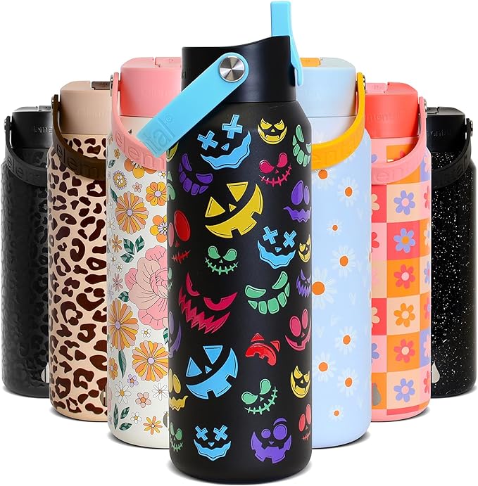 Elemental 40oz Insulated Water Bottle with Straw - 100% Leak-Proof Stainless Steel Core Water Bottles for Travel, Sports and Gym - Double Wall Insulation & BPA Free - Pumpkin Grins