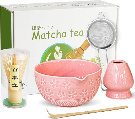 Pink Matcha Set - 5 Pcs Matcha Tea Set Includes Matcha Bowl with Spout, Bamboo Scoop, Sifter, Whisk and Holder, Matcha Whisk Set Pink Christmas Birthday Gift
