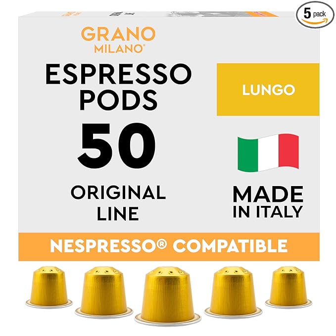 New Grano Milano Lungo Coffee Capsules- 50 Aluminum Coffee Pods Compatible with Nespresso Original line,100% Arabica Medium Roast - Intensity 8/12, Made in Italy