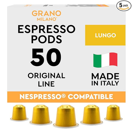 New Grano Milano Lungo Coffee Capsules- 50 Aluminum Coffee Pods Compatible with Nespresso Original line,100% Arabica Medium Roast - Intensity 8/12, Made in Italy