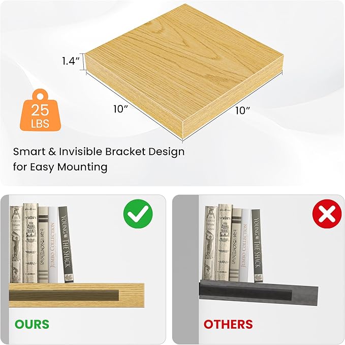 Square Floating Shelves for Wall, 10" W x 10" D x 1.4" H, Small Wooden Wall Mounted Display Shelves with Invisible Brackets for Living Room, Bedroom, Bathroom, Kitchen Decor, Set of 4, Oak