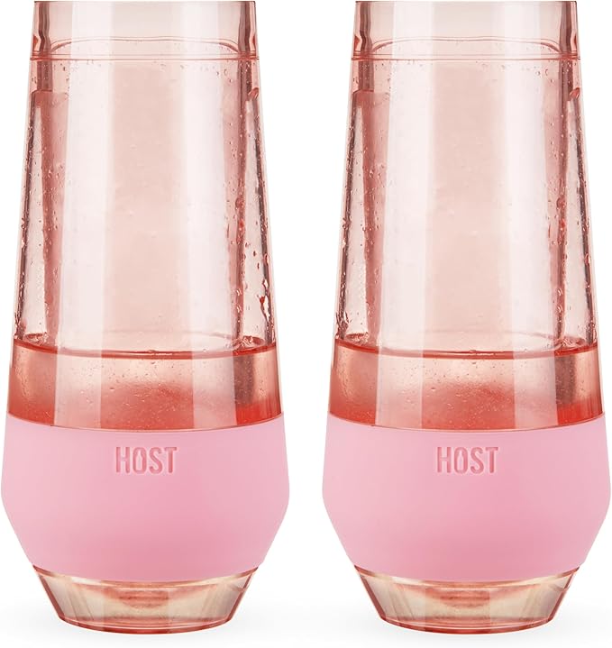 HOST Champagne Freeze Double-Walled Stemless Wine Glasses Freezer Cooling Cups with Active Cooling Gel and Insulated Silicone Grip, 9 Oz Plastic Tumblers, Blush Tint, Set of 2
