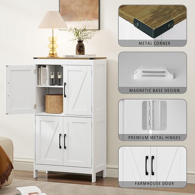 Bathroom Floor Storage Cabinet,Modern Bathroom Cabinet,Adjustable Shelves Freestanding Kitchen Pantry Bathroom Organizers and Storage,4 Doors(23.63L x 11.8W x 43.3H inch)