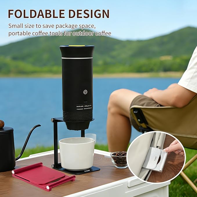 Pour Over Coffee Maker Stand,Foldable Portable Electric Espresso Machine Stand,Holder for Coffee Grinder,Universal Dripper,V60 Dripper,Travel Coffee Maker, Press Round&Red