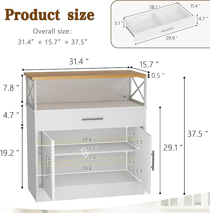 Vongrasig Coffee Bar Cabinet, Farmhouse Kitchen Storage Cabinet with Adjustable Shelf, 31“ Modern Sideboard Buffet Table for Kitchen, Dining Room, White