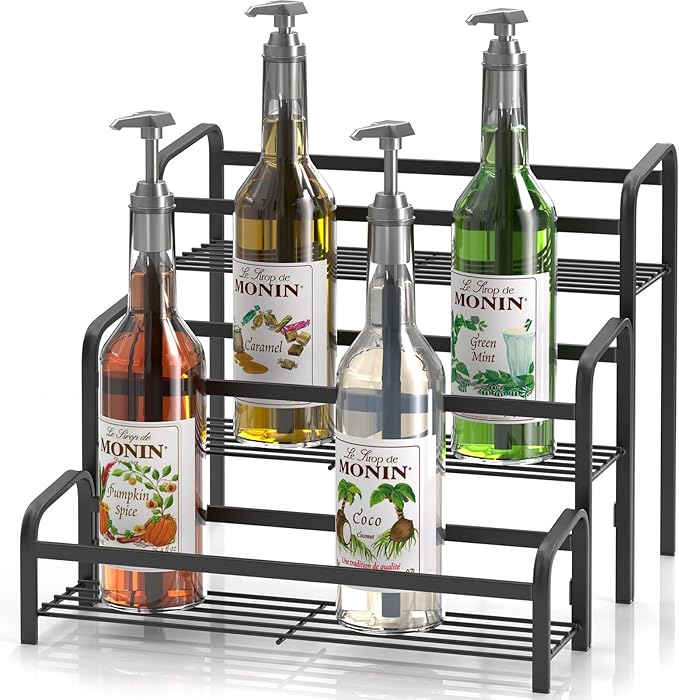 DTUQYX Coffee Syrup Organizer 3-Tier, 12 Bottles Capacity Coffee Syrup Rack, Metal Syrup Stand for Spice, Wine, Liquor, Bottle, Coffee Bar Station Racks Magnetic, No Installation, Black