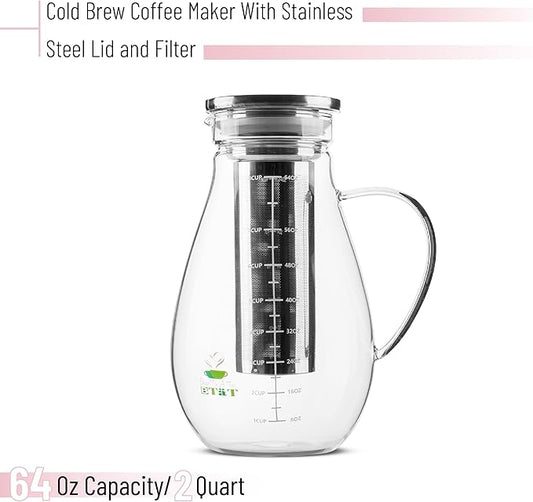 BTaT- Cold Brew Coffee Maker, Iced Coffee Maker, 2 Liter (2 Quart, 64 oz), Iced Tea Maker, Cold Brew Maker, Tea Pitcher, Coffee Accessories, Iced Tea Pitcher, Cold Brew System, Cold Brew Pitcher