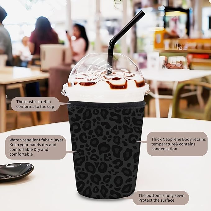 3 Pack Reusable Neoprene Insulator Sleeve for Iced Coffee Cups, Funny Coffee Cup Sleeves for 16-32oz Coffee cups, Cute Drink Sleeve for Cold Hot Beverages Cute Black Leopard