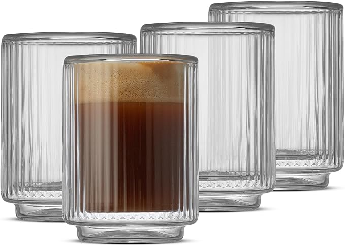 JoyJolt Haven Fluted Stackable Espresso Cups Set of 4, 2.5oz Ribbed Double Wall Glasses, Stacking Insulated Coffee Cup Set, Small Glass Coffee Cups for Espresso Machine Accessories