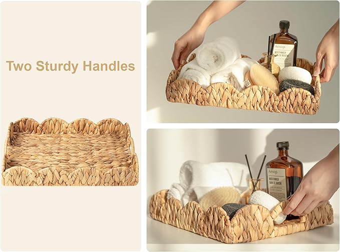 StorageWorks Rectangle Wicker Scalloped Tray, Rattan Serving Trays with Handles, Water Hyacinth Basket for Decorative & Organizing, 15.75" L x 11.5" W x 2.75" H