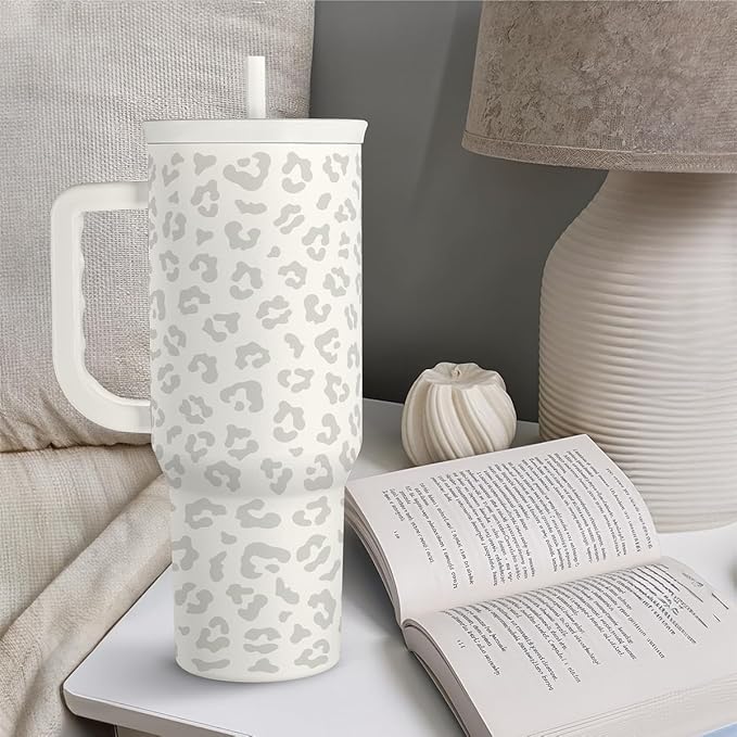 Leopard Tumbler with Handle, Insulated Cup Stainless Steel Travel Mug Cup, Gifts for Women Girl on Birthday Christmas, Cream Leopard, 40oz