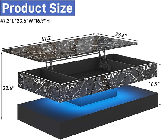 47.2" Large Lift Top Coffee Table, Modern LED High Glossy Coffee Table with Charging Station, Lights, Hidden Compartment Storage, Lift Center Tables for Living Room, Home Office, Black