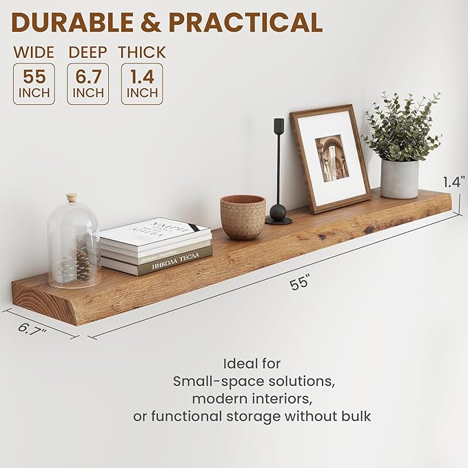 55 Inch Long Floating Shelves for Wall, Live Edge Floating Shelf Wall-Mounted for Bedroom Kitchen Living Room, Real Solid Elm Wood Wall Shelf with Heavy-Duty Bracket for Books Decor Storage, Natural