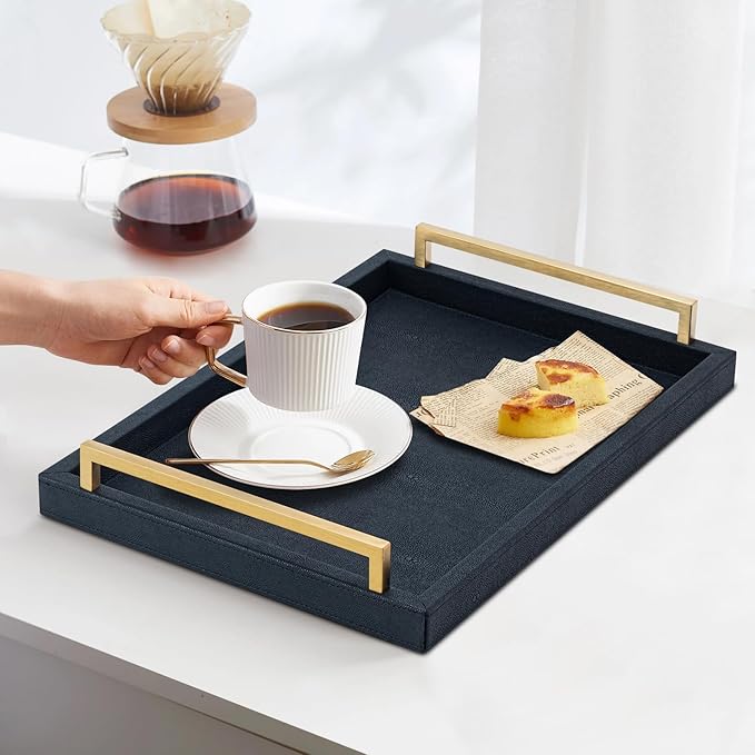 Black Faux Leather Serving Tray, 17x12 inches, Brushed Gold Handles, Decorative Tray for Ottoman Coffee Table, Living Room, Kitchen, Bathroom