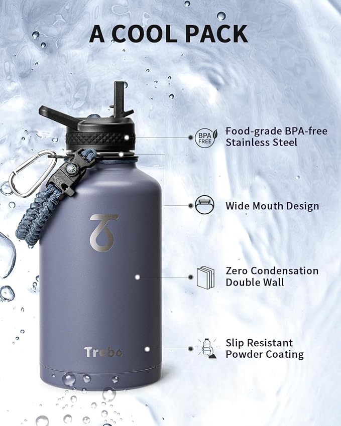 Trebo Water Bottle 64oz with Paracord Handle, Half Gallon Large Vacuum Double Wall Stainless Steel Insulated Water Jug with Holder Strap Straw Spout Lids, Leakproof Keep Cold & Hot, Grayish purple