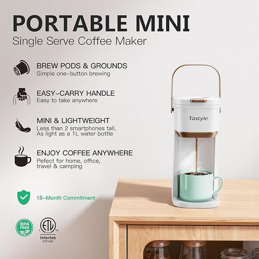Tastyle Single Serve One Cup Coffee Maker, for K Cups and Grounds, Mini Coffee Maker with Portable Handle, 6 to 12 Oz Brew Size, for Travel, Camping, Office, RV and Dorm, 120V, White and Brown