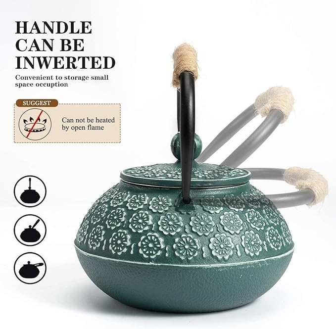 Sotya Cast Iron Teapot, 40oz/1200ml Japanese Tetsubin Tea Pot with Infuser for Loose Leaf and Tea Bags, Tea Kettle Coated with Enameled Interior for Stove Top, Dark Green