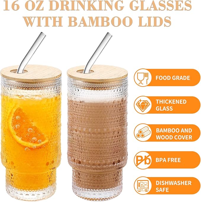 Hobnail Drinking Glasses 16 oz, 2 Pack Vintage Hobnail Glassware, Clear Water Glasses Tumbler, Kitchen Cups for Juice, Beer, Cocktail, Whiskey