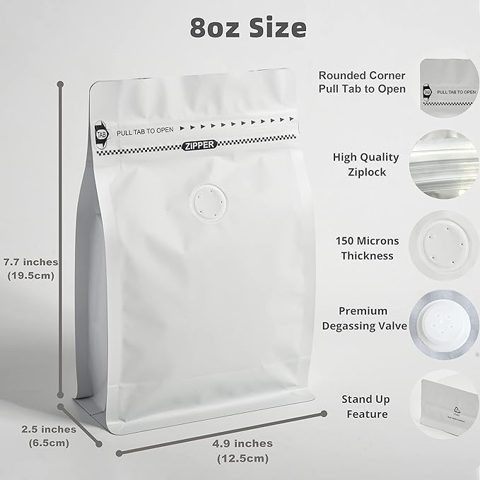 High Barrier Aluminum Foil Liner Wihite Coffee Bags, Resealable Coffee Pouches with Degassing Valve, Ziplock Food Storage Bags with Pull Tape(8oz/0.5lb/250gram, Pack of 100)