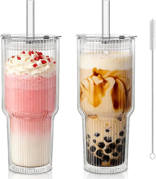 KEMORELA 28 oz Double Wall Glass Tumblers Set of 2, Extra-Wide 13mm Reusable Glass Drinking Straws, Boba Tumbler, Wide-Mouth Water Cups for Iced Coffee, Smoothies, Boba & Tea Lovers (Ribbed)