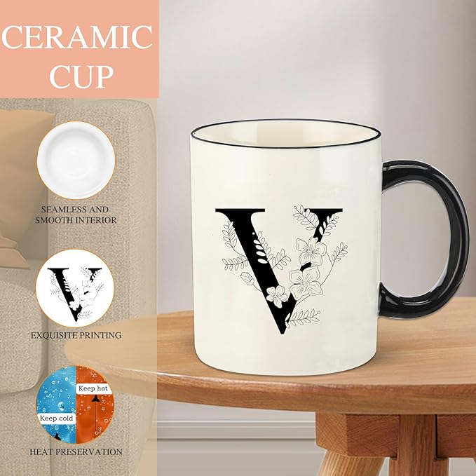 Monogram Ceramic Coffee Mugs, 11 oz Initial Drinking Cup with Gift Box, Unique Birthday Valentines Day Gifts for Women Wife Mothers Day Grandma Mom Aunt, V