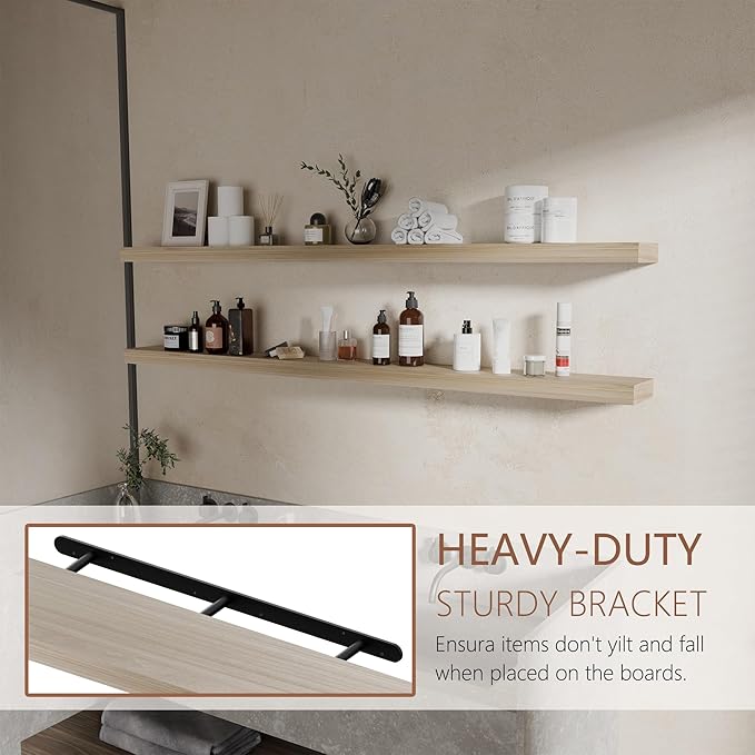 60 inch Long Floating Shelves for Wall,Solid Wood Long Shelves Set of 2,Natural Rustic Mounted Shelves for Bathroom Living Room (Natural, 60 Inch)
