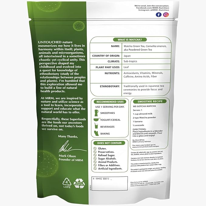 MRM Superfoods Matcha Green Tea Powder | Japanese Green Tea | Superfood for Matcha Latte, Smoothies & Baking | Vegan & Gluten-Free | 6 oz