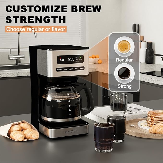 REVOTRA 12-Cup Programmable Coffee Maker, Regular & Strong Brew Drip Coffee Machine, 1-4 Cup and Ice Coffee Setting, 24H Timer, Auto Shut-Off, Keep Warm, Pause & Serve