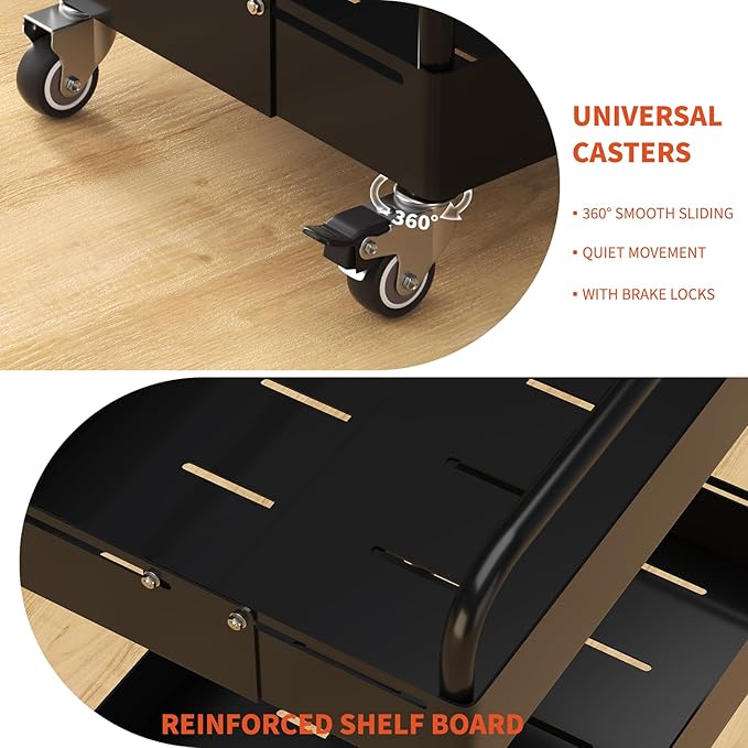 HOTEAGLE 4-Tier Rolling Cart Metal Expandable Utility Carts with Wheels, Ideal Storage Organizer for Livingroom, Bedroom, Kitchen and Bathroom, Black