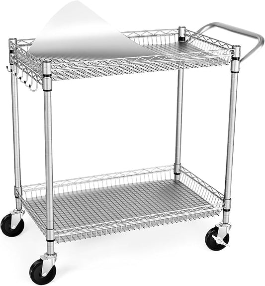WDT 2 Tier Heavy Duty Utility Cart,NSF Rolling Carts with Wheels,660Lbs Capacity Storage Cart with Handle,Kitchen Carts on Wheels,Commercial Grade Metal Serving Cart with Shelves,35.63"x18.1"x 33.93"