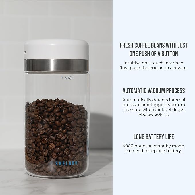 Next-Gen Smart Coffee Canister – Electric Vacuum Seal with Pressure Auto-Detection, Rechargeable Airtight Borosilicate Glass Container for Whole & Ground Beans, Ultimate Freshness Lock (10.5oz)