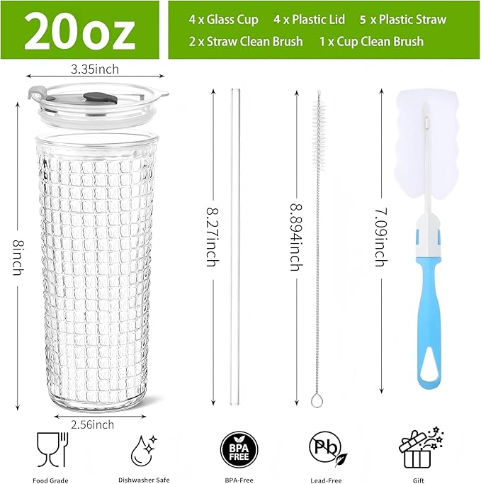 20oz Glass Cups with Lids and Straws,4 Pack Reusable Glass Tumbler for Cold & Hot Drinks Wide Mouth Travel Mug for Smoothies Cocktails Beer Tea Juice and Iced matcha Coffee Cups with Lids