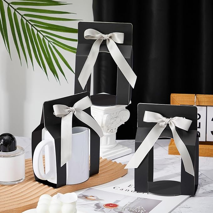 Kosiz 36 Pcs Mug Boxes Sublimation Coffee Mugs Gift Bags with Window Packaging Storage Box for Shipping Selling Wedding Valentines Gift Packaging Wrapping (for 11oz Mug,Black,Silver)