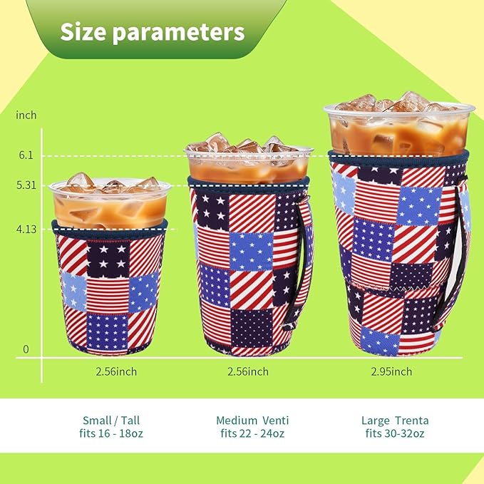 3 Pack Iced Coffee sleeve Insulated Neoprene Cup Sleeves with handle For Cold Drinks Beverages, Reusable Cup Holder for 16oz-32oz Coffee Cups (Patriotic Patchwork)