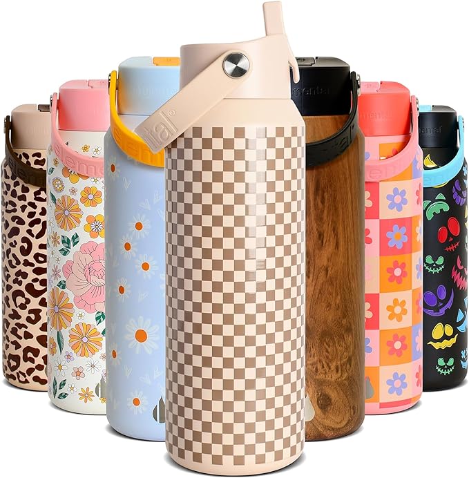 Elemental 40oz Insulated Water Bottle with Straw - 100% Leak-Proof Stainless Steel Core Water Bottles for Travel, Sports and Gym - Double Wall Insulation & BPA Free - Brown Check