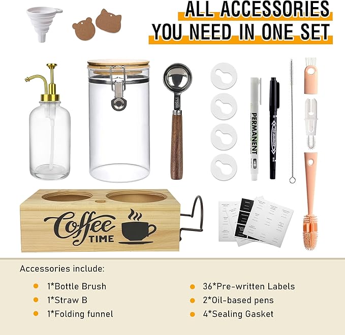Coffee Container with Syrup Dispenser and Shelf & Spoon,40oz Air tight Glass Storage Jars and 16.9oz Glass Syrup Bottle,Coffee Bar Accessories for Kitchen Organization(1 Jar 1 Dispenser)