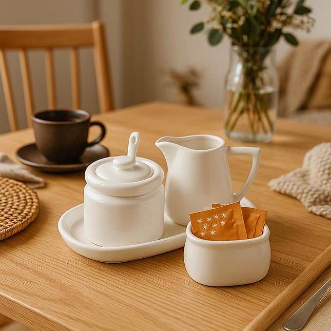 ZENFUN Set of 4 Porcelain Creamer and Sugar Set with Saucer, Sugar Bowl with Lid and Spoon, Cream Pitcher, Sweetener Holder, Coffee Serving Set for Kitchen Home Cafe Christmas Party, Restaurant
